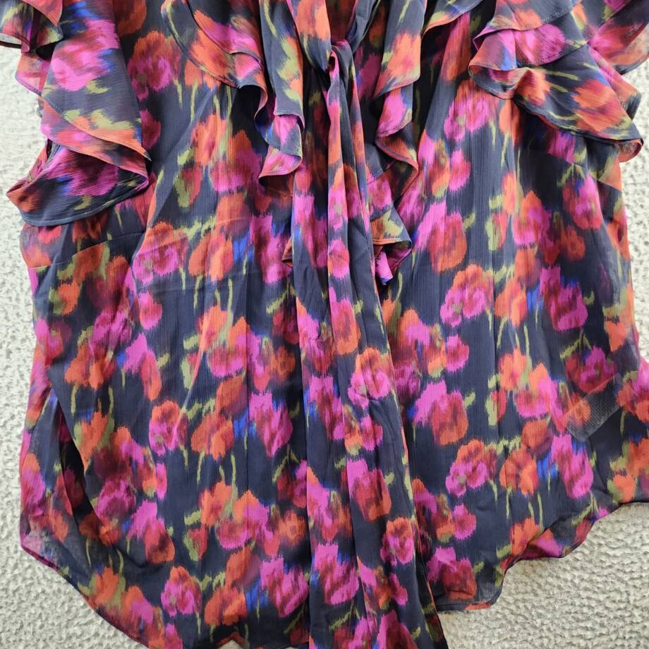 Ralph Lauren Flutter Sleeve Tie Neck Blouse Women's 2X Blue Multi Button Front~