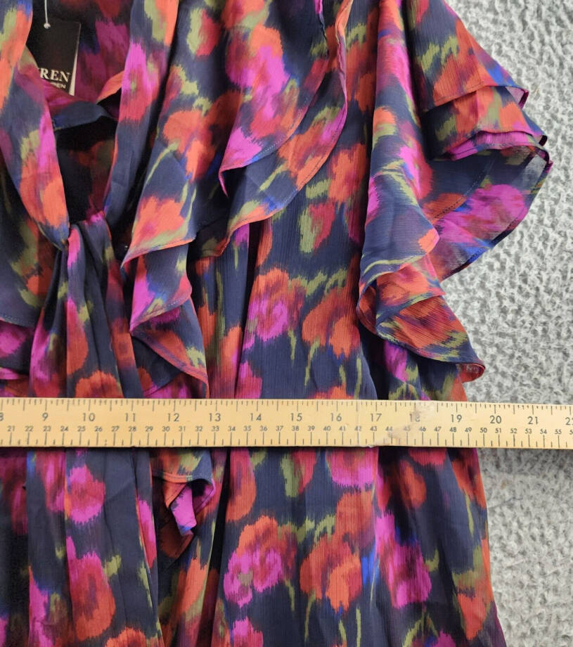 Ralph Lauren Flutter Sleeve Tie Neck Blouse Women's 2X Blue Multi Button Front~