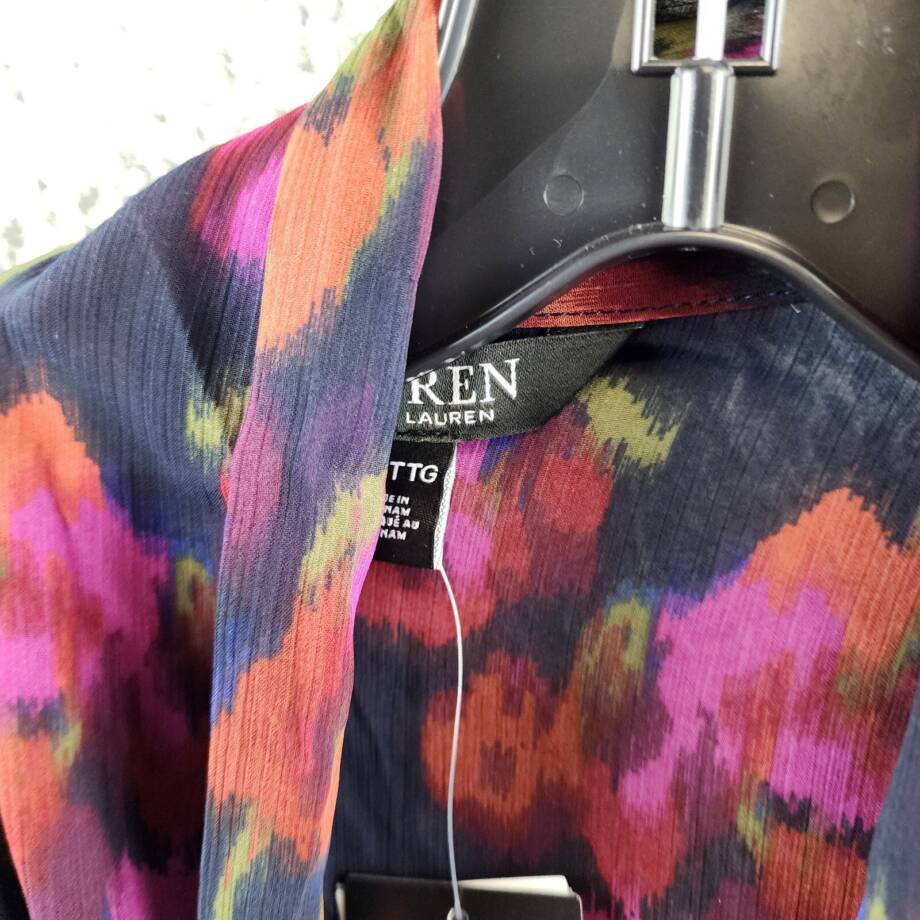 Ralph Lauren Flutter Sleeve Tie Neck Blouse Women's 2X Blue Multi Button Front~