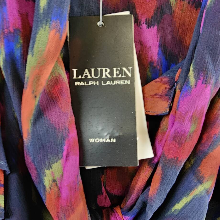 Ralph Lauren Flutter Sleeve Tie Neck Blouse Women's 2X Blue Multi Button Front~