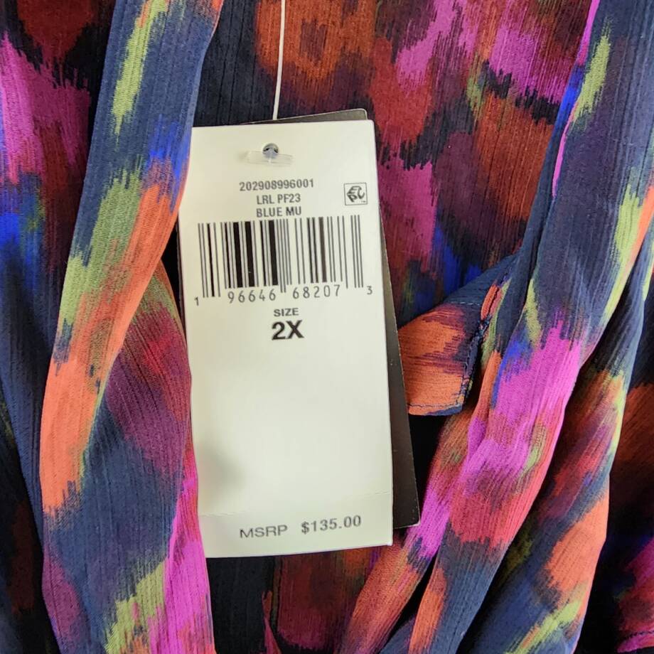 Ralph Lauren Flutter Sleeve Tie Neck Blouse Women's 2X Blue Multi Button Front~