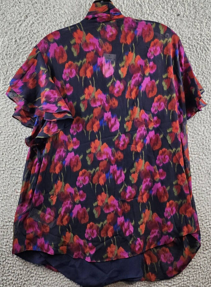 Ralph Lauren Flutter Sleeve Tie Neck Blouse Women's 2X Blue Multi Button Front~