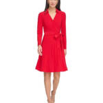 DKNY Long-Sleeve Belted Faux-Wrap Dress Women's 10 Scarlet Collared Zip Closure