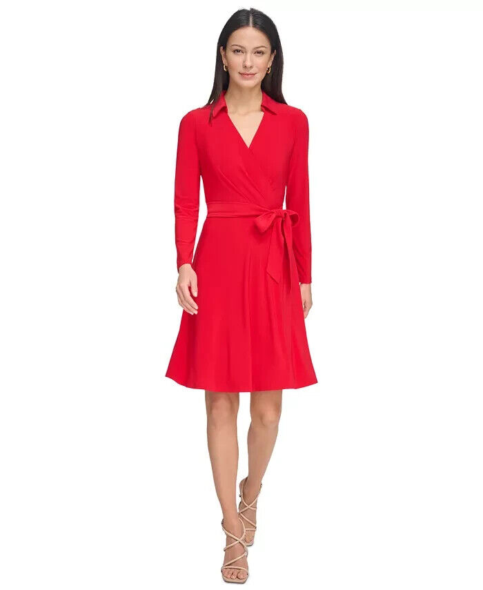 DKNY Long-Sleeve Belted Faux-Wrap Dress Women's 10 Scarlet Collared Zip Closure