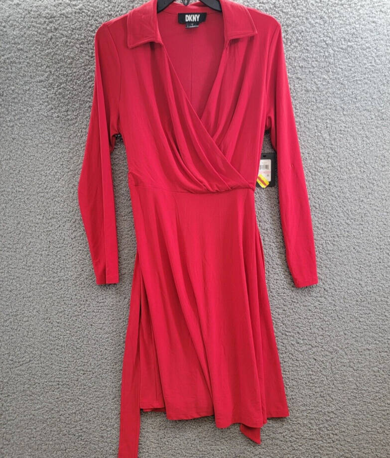 DKNY Long-Sleeve Belted Faux-Wrap Dress Women's 10 Scarlet Collared Zip Closure