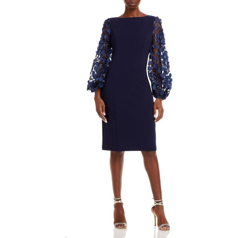 Eliza J Contrast-Sleeve Sheath Dress Women's 8 Navy Boat Neck Back Zip Closure