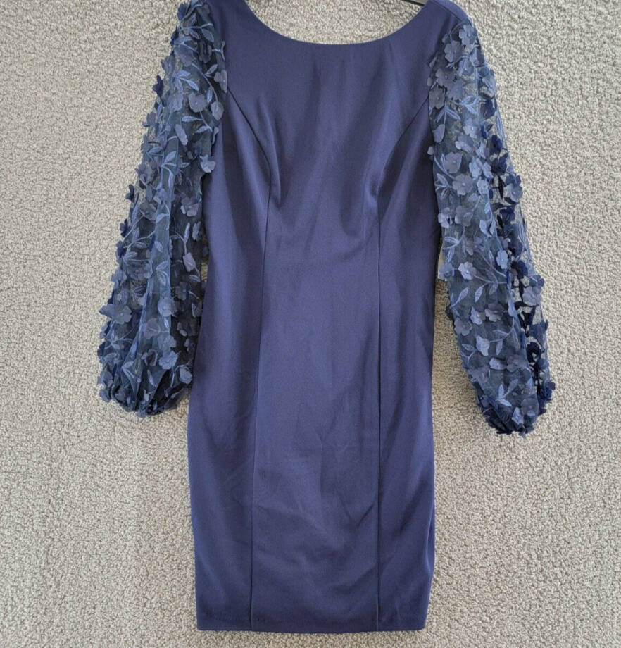 Eliza J Contrast-Sleeve Sheath Dress Women's 8 Navy Boat Neck Back Zip Closure
