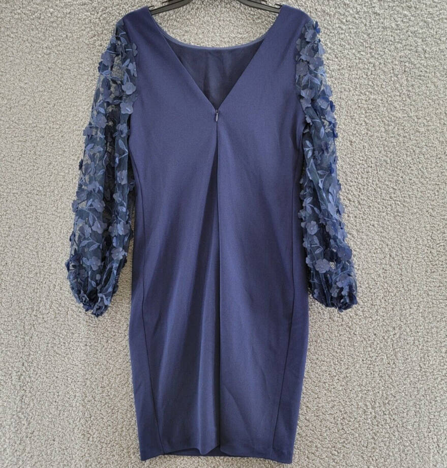 Eliza J Contrast-Sleeve Sheath Dress Women's 8 Navy Boat Neck Back Zip Closure