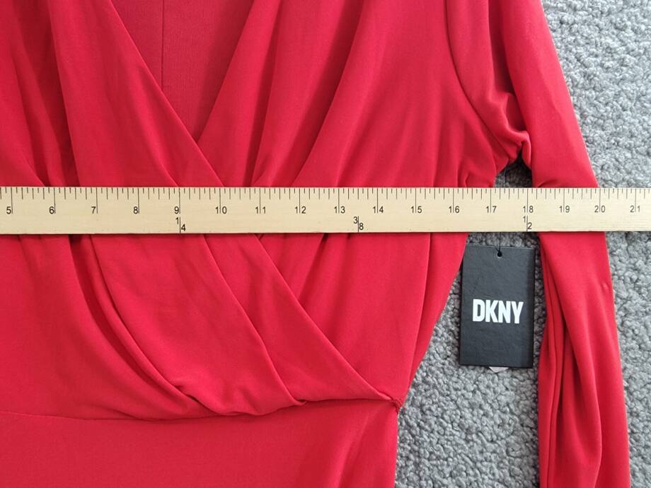 DKNY Long-Sleeve Belted Faux-Wrap Dress Women's 10 Scarlet Collared Zip Closure