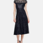SLNY Sequined Lace Midi Dress Women's 6 Black Back Zip Closure Short Sleeve