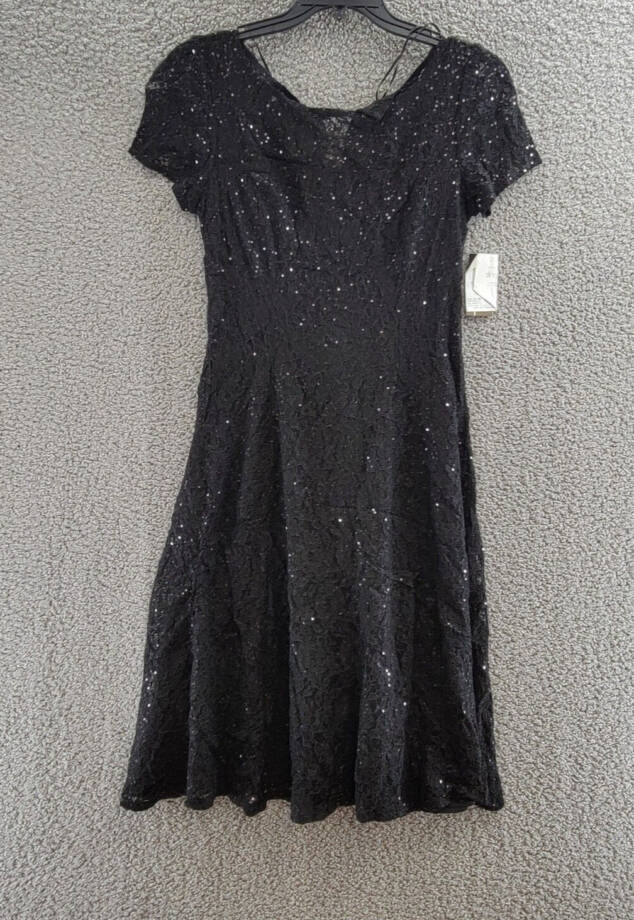 SLNY Sequined Lace Midi Dress Women's 6 Black Back Zip Closure Short Sleeve