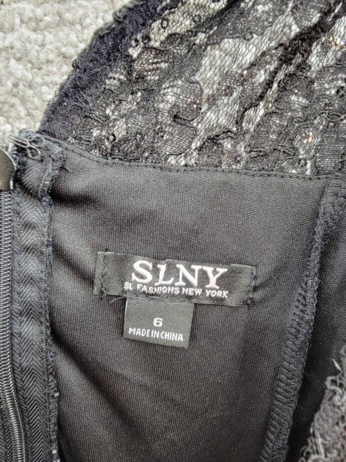 SLNY Sequined Lace Midi Dress Women's 6 Black Back Zip Closure Short Sleeve
