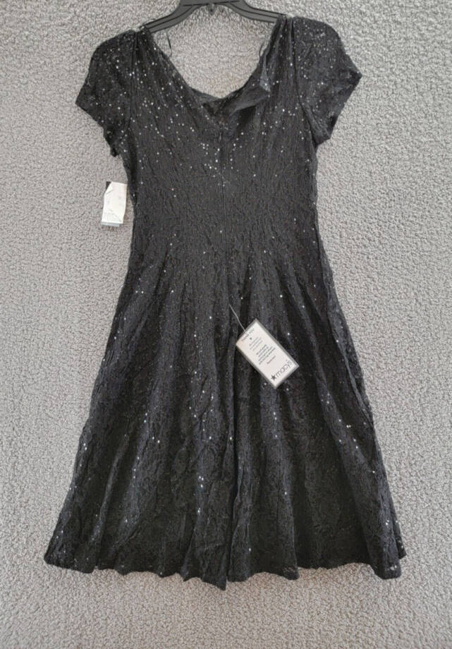 SLNY Sequined Lace Midi Dress Women's 6 Black Back Zip Closure Short Sleeve