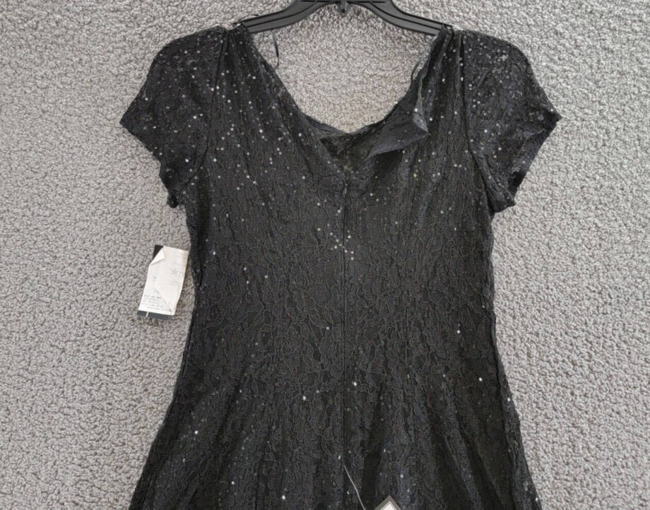 SLNY Sequined Lace Midi Dress Women's 6 Black Back Zip Closure Short Sleeve