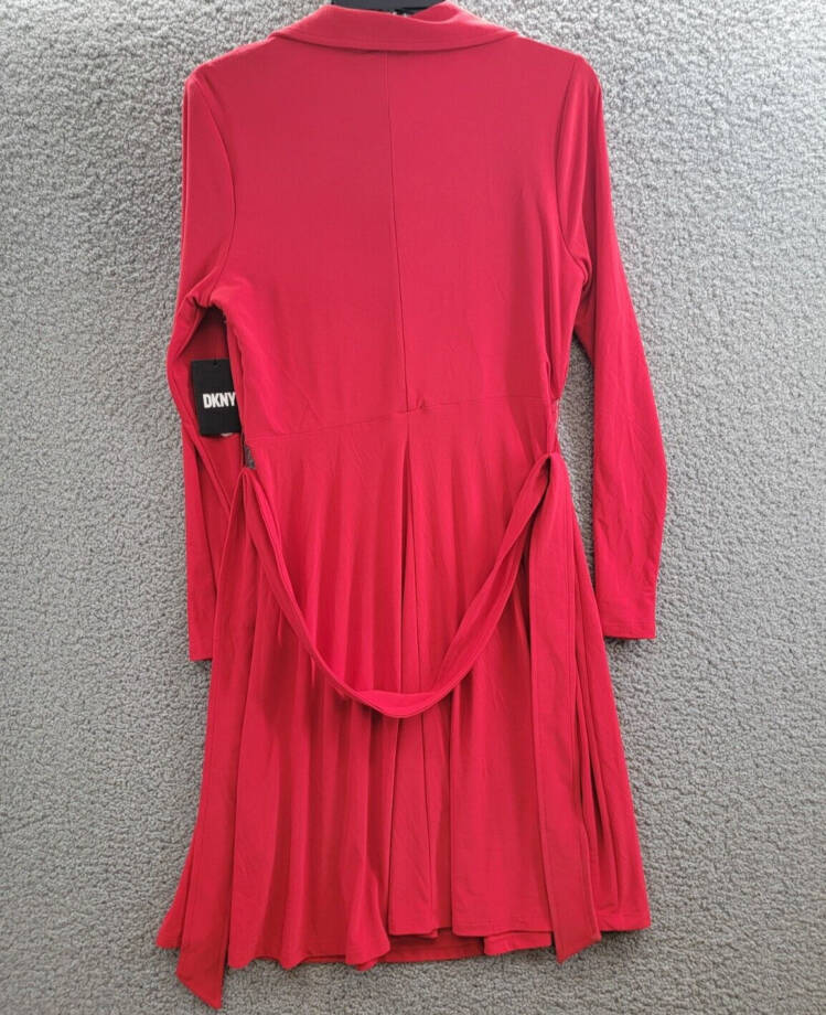 DKNY Long-Sleeve Belted Faux-Wrap Dress Women's 10 Scarlet Collared Zip Closure