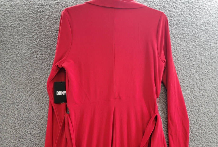 DKNY Long-Sleeve Belted Faux-Wrap Dress Women's 10 Scarlet Collared Zip Closure