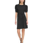 DKNY Puff-Sleeve Ruched Dress Women's 12 Black Round Neck Back Zip Closure S/S