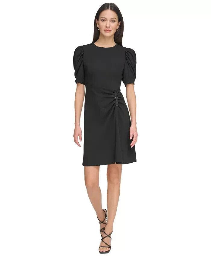 DKNY Puff-Sleeve Ruched Dress Women's 12 Black Round Neck Back Zip Closure S/S