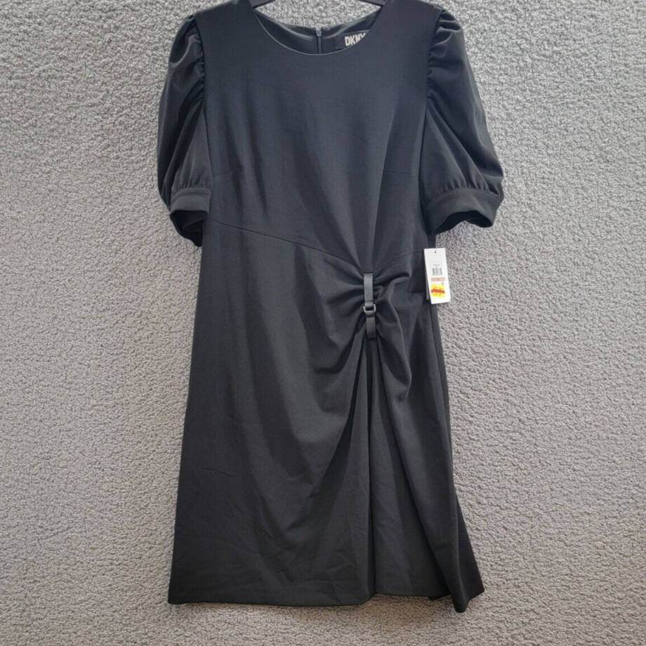 DKNY Puff-Sleeve Ruched Dress Women's 12 Black Round Neck Back Zip Closure S/S