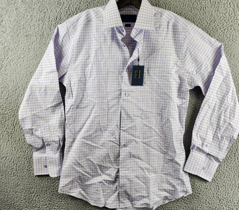 David Donahue Trim Fit Dobby Check Dress Shirt Men's 15 32/33 Lilac/Blue L/S