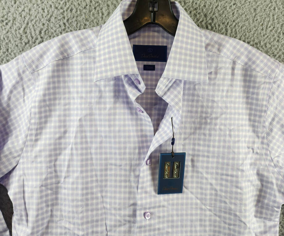 David Donahue Trim Fit Dobby Check Dress Shirt Men's 15 32/33 Lilac/Blue L/S