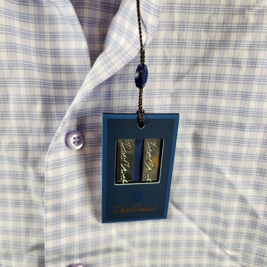 David Donahue Trim Fit Dobby Check Dress Shirt Men's 15 32/33 Lilac/Blue L/S