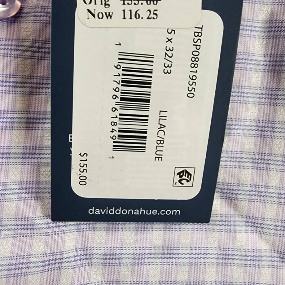 David Donahue Trim Fit Dobby Check Dress Shirt Men's 15 32/33 Lilac/Blue L/S