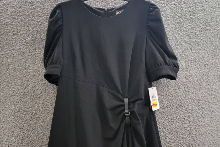 DKNY Puff-Sleeve Ruched Dress Women's 12 Black Round Neck Back Zip Closure S/S