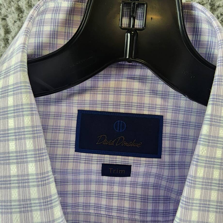 David Donahue Trim Fit Dobby Check Dress Shirt Men's 15 32/33 Lilac/Blue L/S