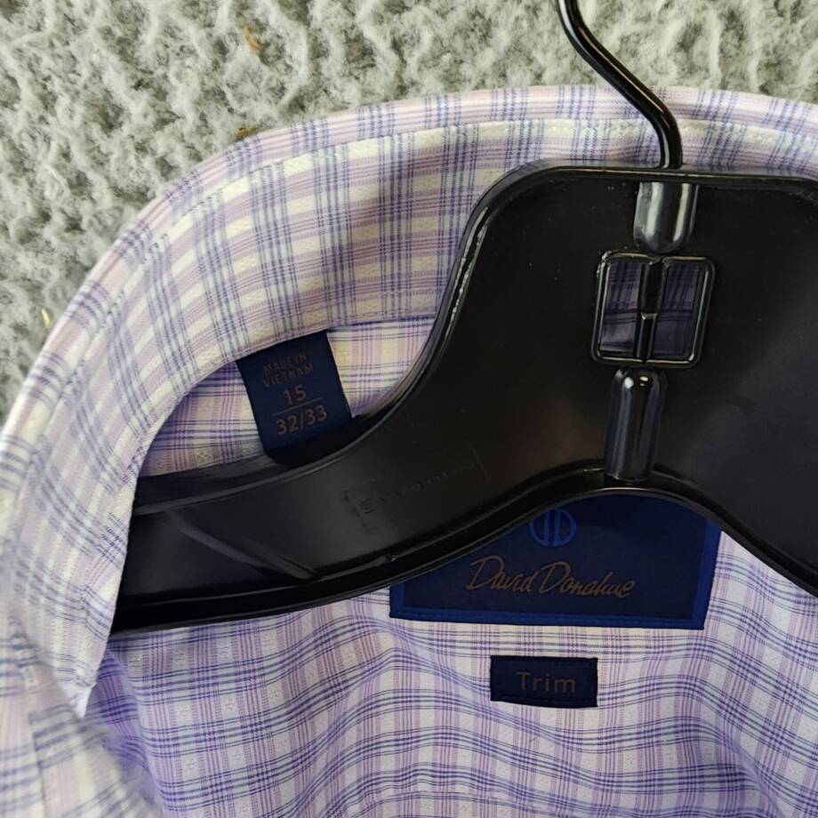 David Donahue Trim Fit Dobby Check Dress Shirt Men's 15 32/33 Lilac/Blue L/S