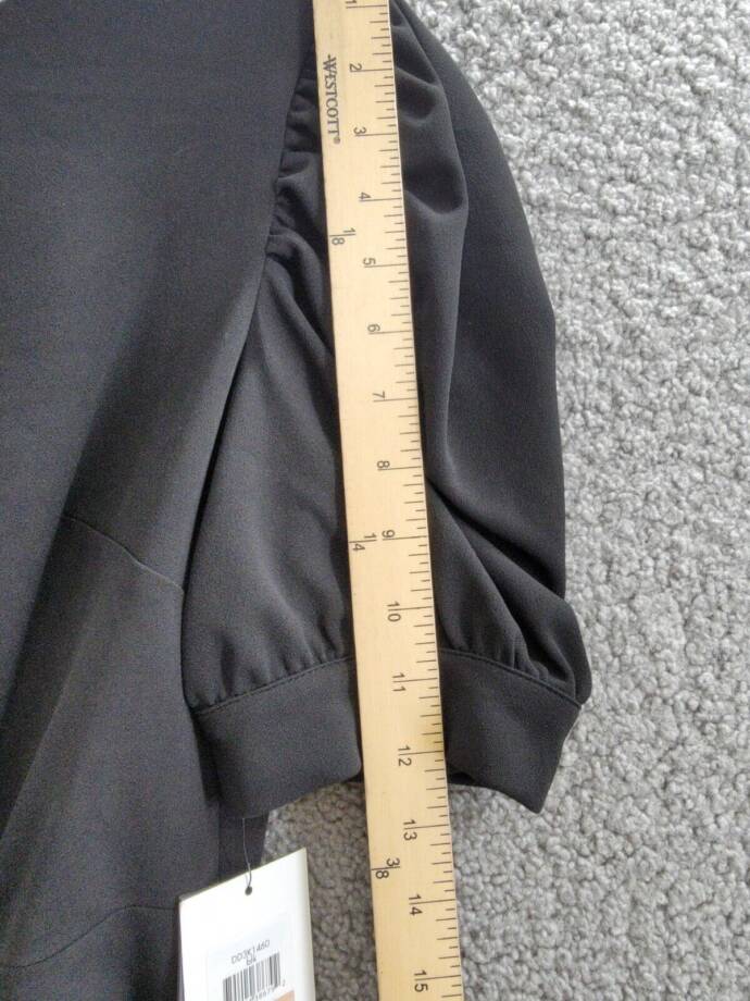 DKNY Puff-Sleeve Ruched Dress Women's 12 Black Round Neck Back Zip Closure S/S
