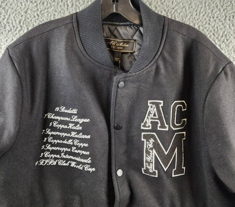 A.C MILAN Wool Blend Embroidered 1899 Coach Jacket Men's L Black Snap Front L/S