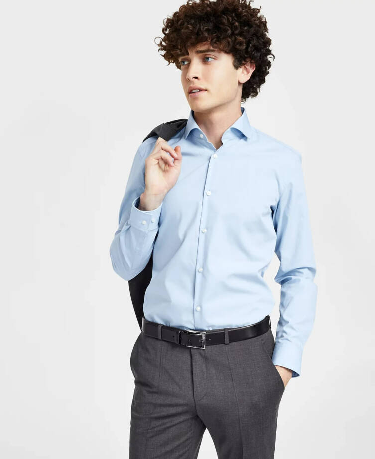 HUGO by Hugo Boss Slim Fit Solid Dress Shirt Men's 38 15 Light Blue Long Sleeve