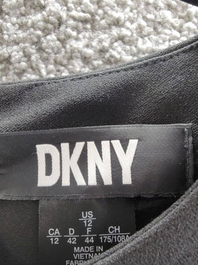 DKNY Puff-Sleeve Ruched Dress Women's 12 Black Round Neck Back Zip Closure S/S