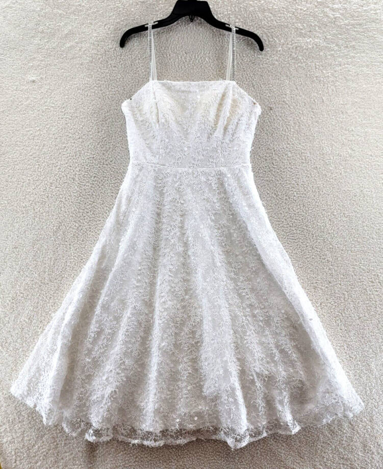AQUA Lace Midi Dress Women's 6 Ivory Square Neck Embellished Spaghetti Strap~