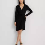 Lauren Ralph Lauren Ruched Stretch Jersey Surplice Dress Women's 16 Black Zip Up