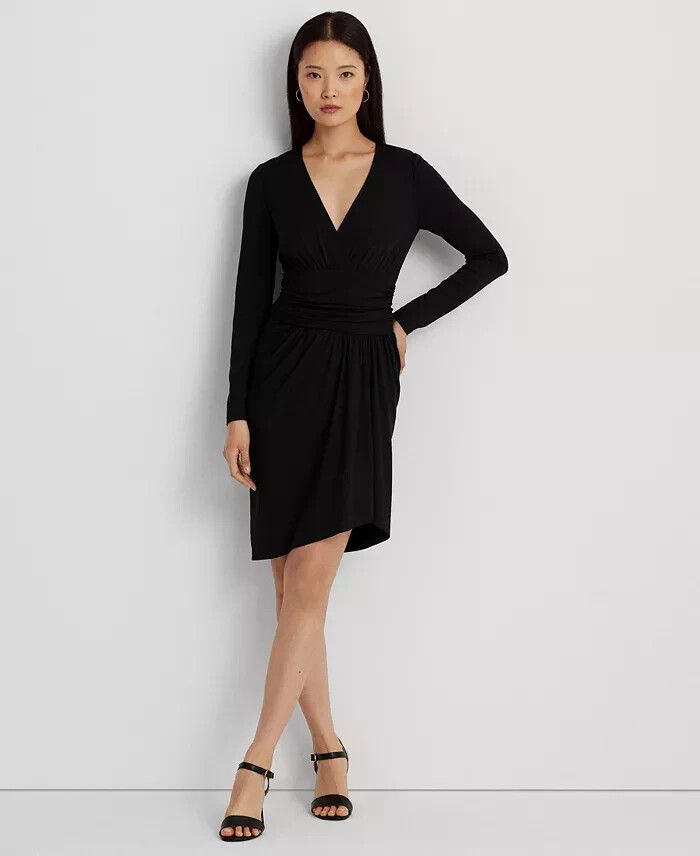 Lauren Ralph Lauren Ruched Stretch Jersey Surplice Dress Women's 16 Black Zip Up