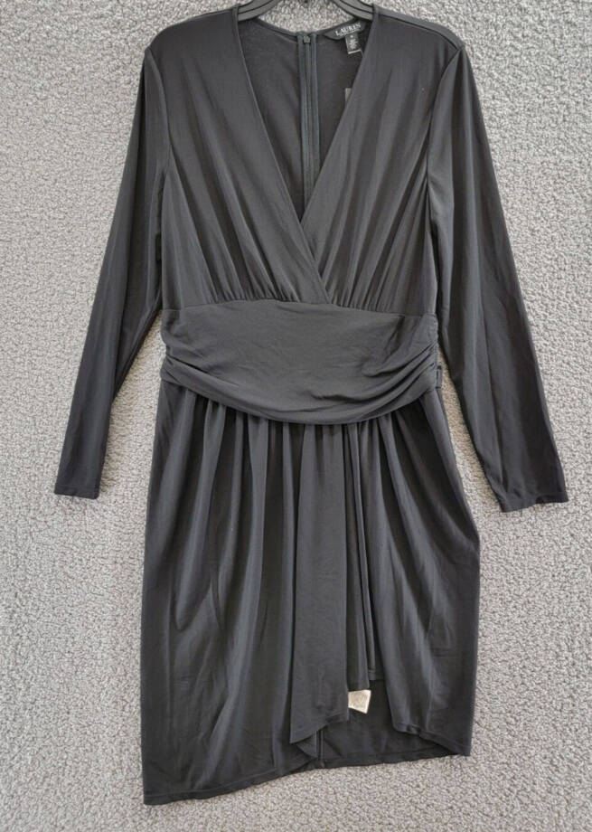 Lauren Ralph Lauren Ruched Stretch Jersey Surplice Dress Women's 16 Black Zip Up