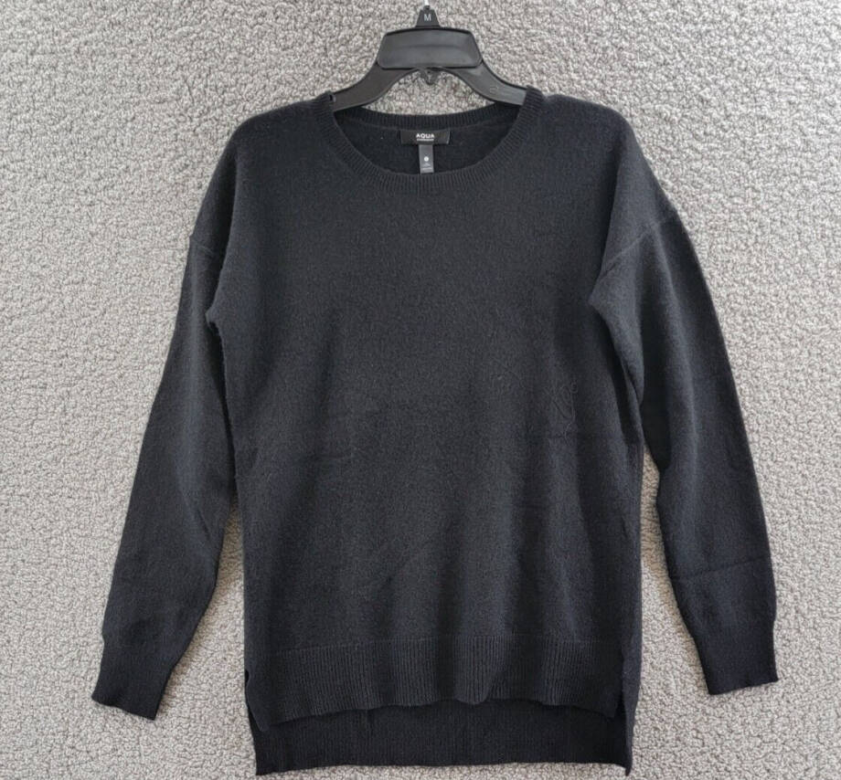 AQUA Cashmere High Low Cashmere Sweater Women's S Black Crew Neck Long Sleeve