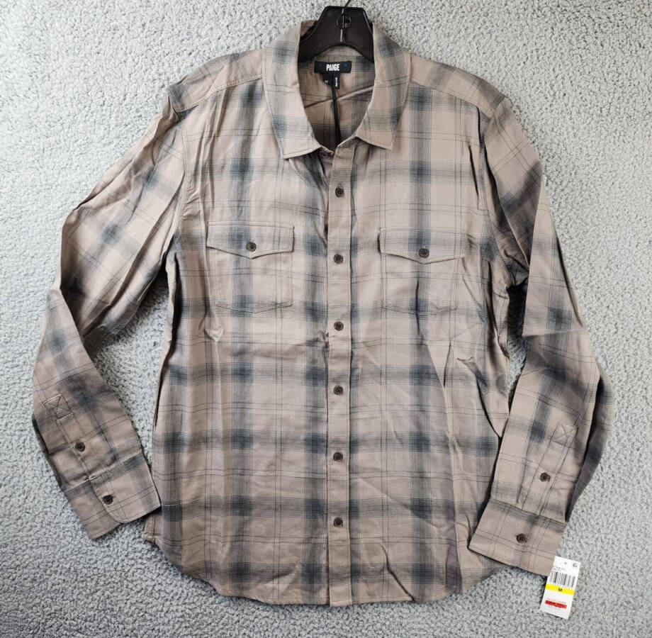PAIGE Everett Plaid Flannel Long Sleeve Button-up Shirt Men's Medium Oak Sky