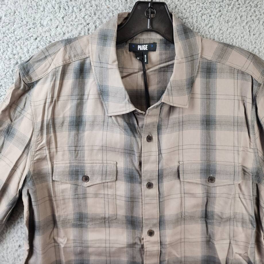 PAIGE Everett Plaid Flannel Long Sleeve Button-up Shirt Men's Medium Oak Sky
