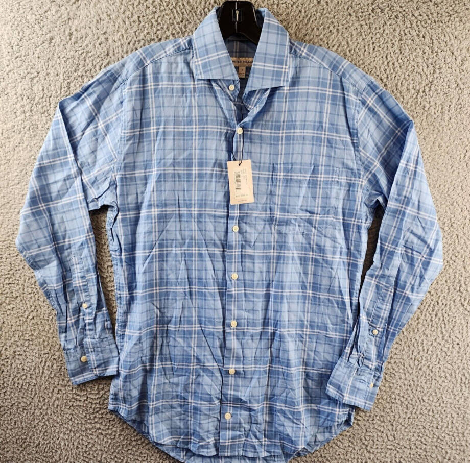 Peter Millar Yates Summer Check Sport Shirt Men's S Cottage Blue Long Sleeves