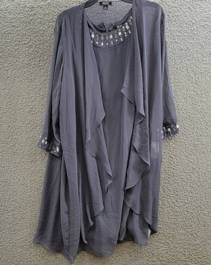 SLNY Sheath Dress & Sheer Jacket Set Women's 16 Steel Embellished Zip Closure