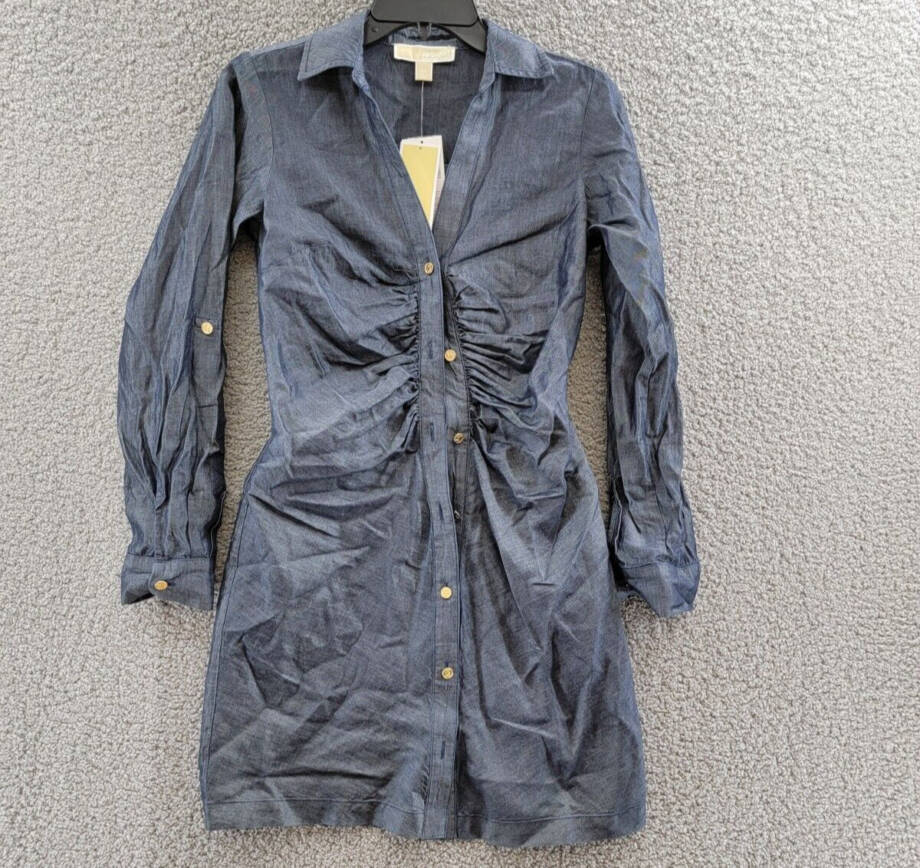 Michael Michael Kors Ruched Mini Shirtdress Women's XS Indigo Rinse Collared