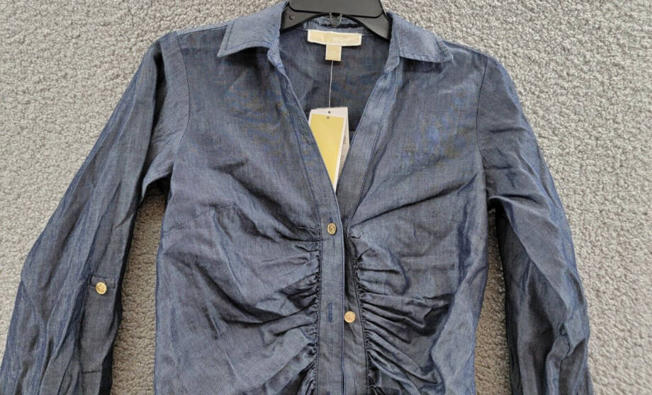 Michael Michael Kors Ruched Mini Shirtdress Women's XS Indigo Rinse Collared