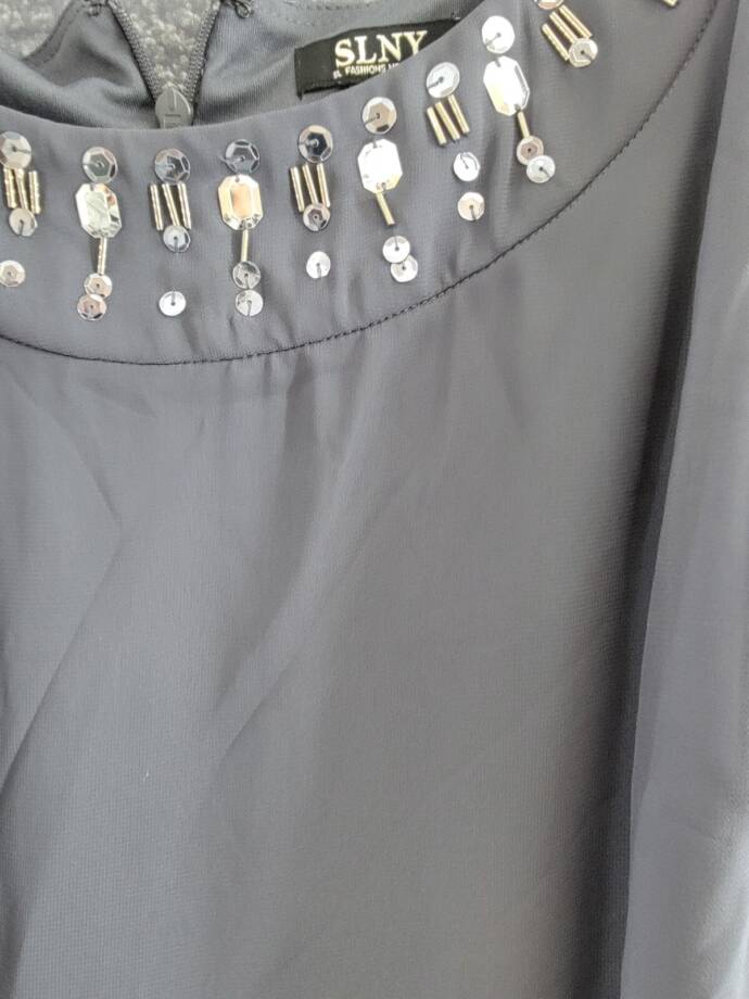 SLNY Sheath Dress & Sheer Jacket Set Women's 16 Steel Embellished Zip Closure