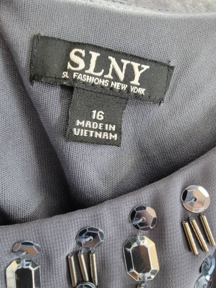 SLNY Sheath Dress & Sheer Jacket Set Women's 16 Steel Embellished Zip Closure
