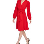 Tommy Hilfiger Faux-Wrap Blouson-Sleeve Midi Dress Womens 4 Red Side Zip Closure