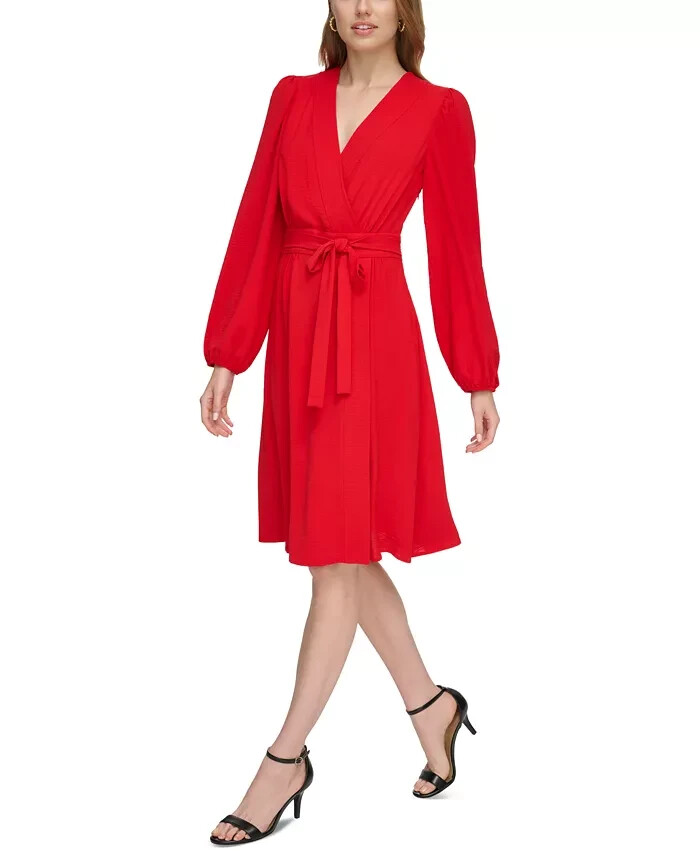 Tommy Hilfiger Faux-Wrap Blouson-Sleeve Midi Dress Womens 4 Red Side Zip Closure