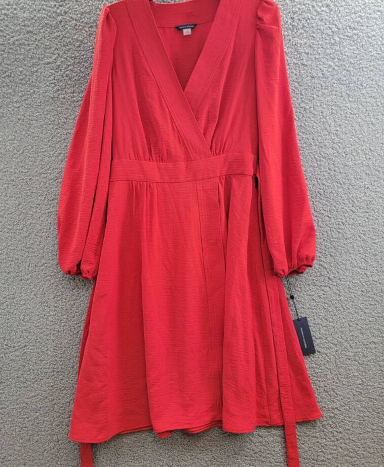Tommy Hilfiger Faux-Wrap Blouson-Sleeve Midi Dress Womens 4 Red Side Zip Closure